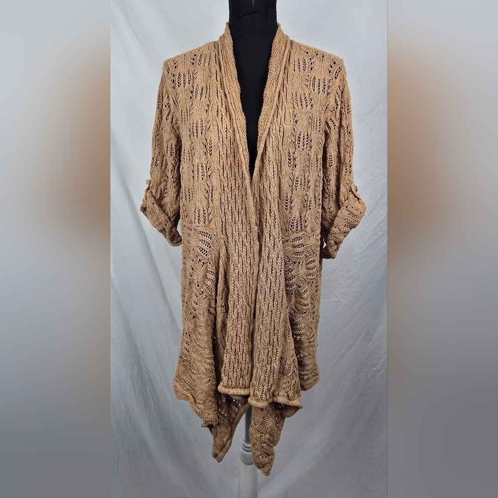 Woman Within Open Front Assymetrical Boho Crochet 3/4 Sleeve Cardigan sz 1X
